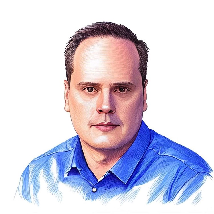 Retrato de un hombre con camisa azul.
